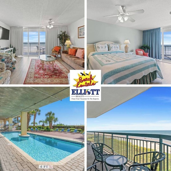 Enjoy a beach view from the balcony, relax in the bedroom, and unwind in the sitting area with a sofa and coffee table.