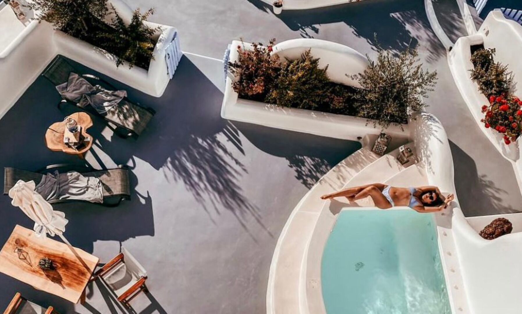 An outdoor pool area with a person relaxing in the water, surrounded by white planters with greenery and flowers.