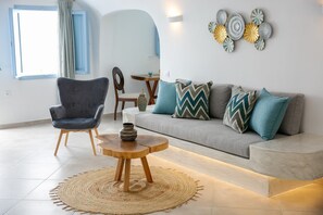 Panoramic Cave Suite, Jetted Tub, Sea View & Sunset View | Living area - Sun Angelos Oia - Luxury Cave Suites (Santorini)