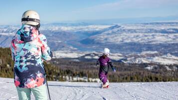 Un paysage enneigé avec une personne qui fait du ski au loin.