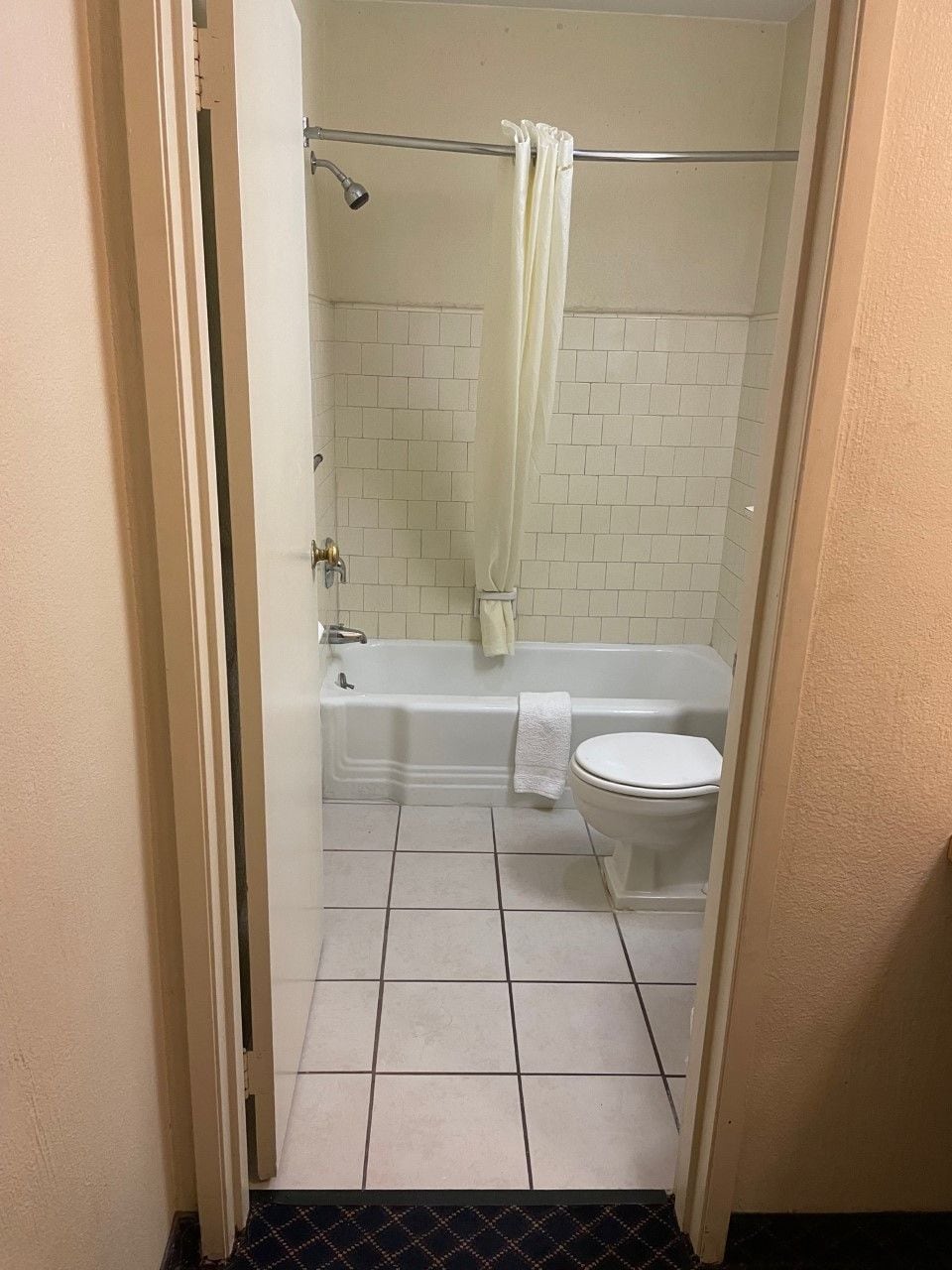 A bathroom with a bathtub, toilet, and shower curtain.