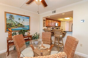 Enjoy meals in this cozy dining area with a round table and four comfortable chairs.