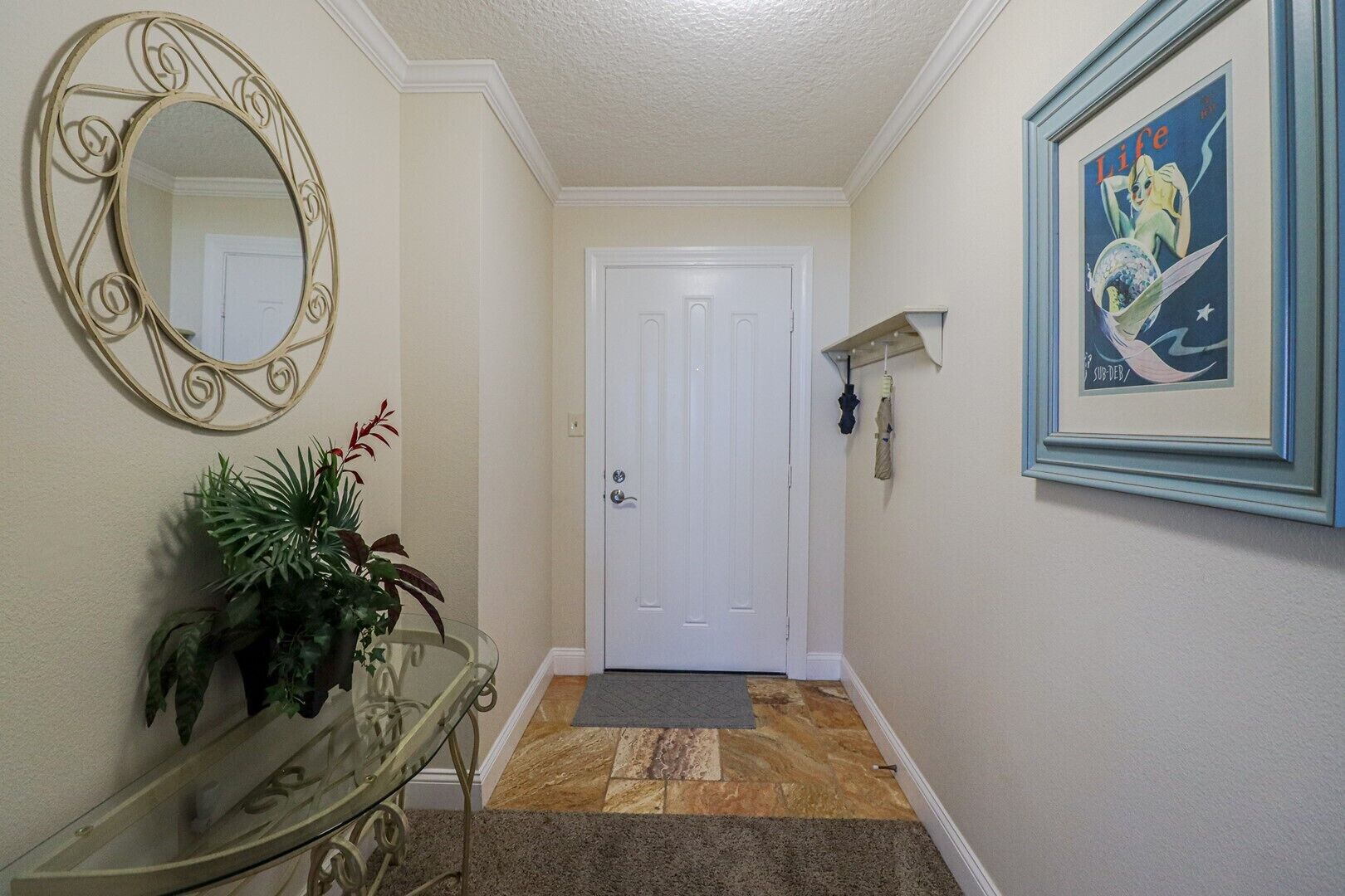 A hallway with a white door, a decorative mirror, a framed picture, and a potted plant.