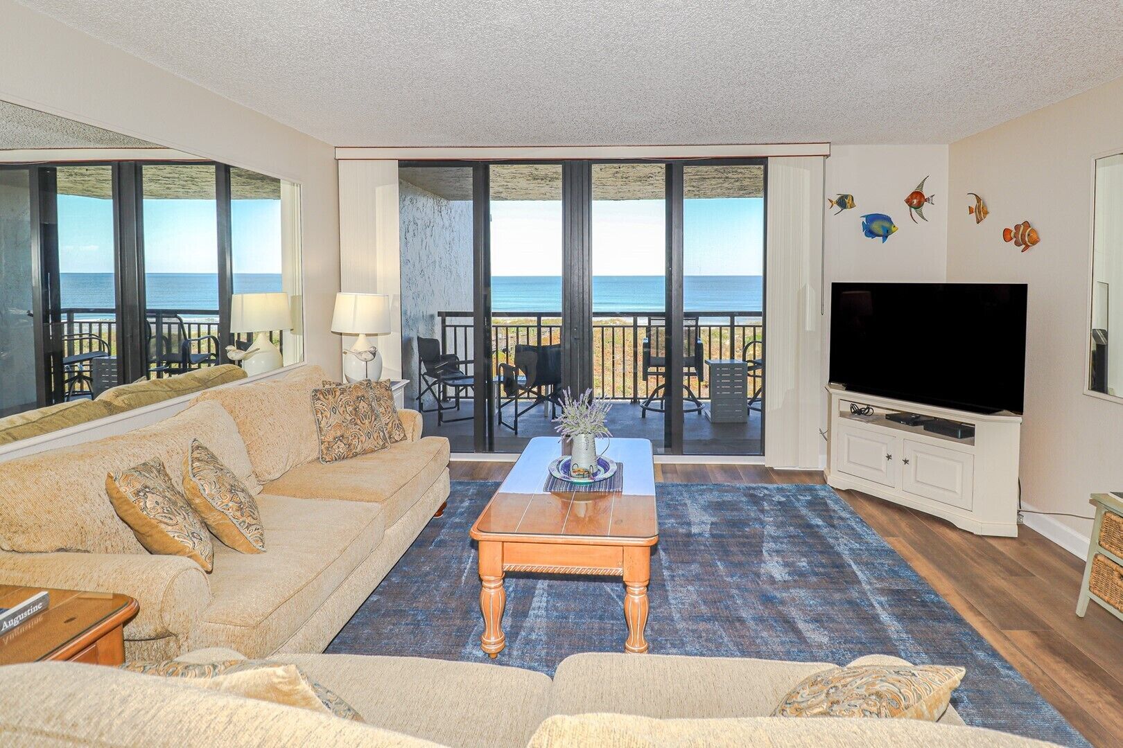 Flat-screen TV, DVD player, books