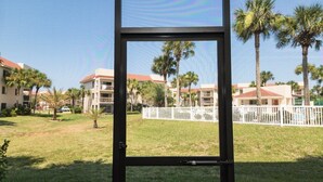 A view through a glass door of a courtyard with palm trees, a white fence, and buildings in the background.