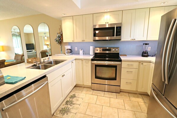 Fridge, microwave, oven, dishwasher