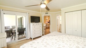 Une chambre à coucher comprenant un lit, une commode, un téléviseur et une porte-fenêtre coulissante donnant sur un balcon.
