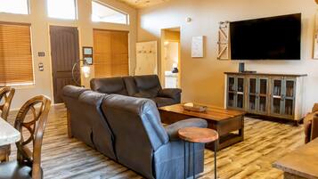 Smart TV, fireplace, video games, DVD player