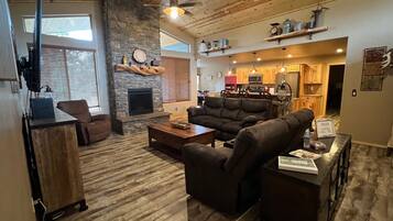 Smart TV, fireplace, video games, DVD player