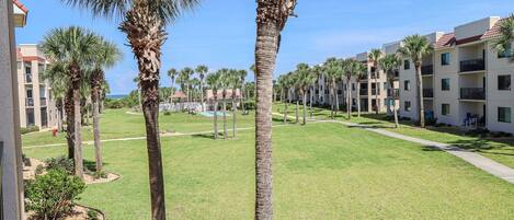 A hotel courtyard with palm trees, a swimming pool, and a building with balconies.
