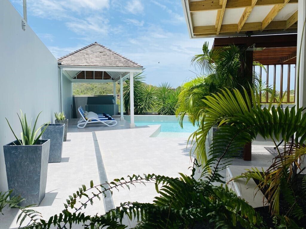 A modern outdoor pool area with a covered seating area, surrounded by potted plants and palm trees.
