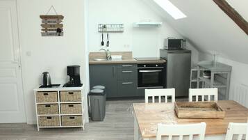 Coffee/tea maker, fridge, microwave, oven