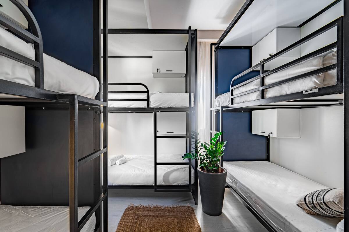 Une chambre avec trois lits superposés, une plante en pot et un petit tapis.