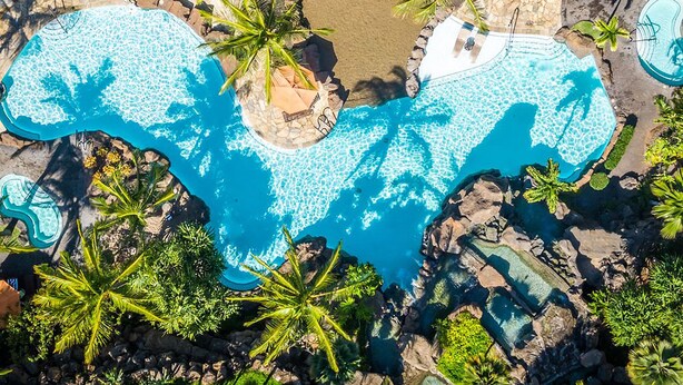 Luchtbeeld van een resort met een groot, onregelmatig gevormd zwembad, omringd door palmbomen en ligbedden.