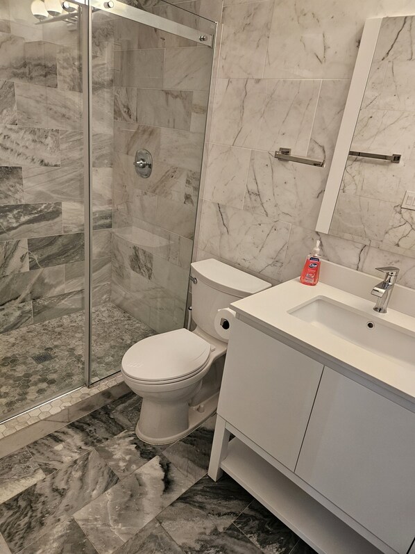 A bathroom with a glass shower enclosure, a toilet, a sink, and a mirror. - 2 Blocks from Carefree, AZ Town Center, Quiet and With Pool! (Carefree)