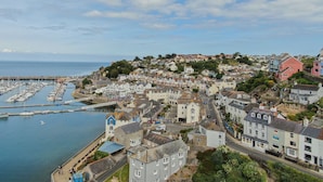 A coastal town with a marina, historic buildings, and a prominent hill with residential areas.