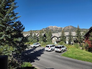 A residential area with houses, a road, and mountains in the background.