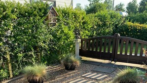 A garden with a paved walkway, potted plants, and a wooden fence.