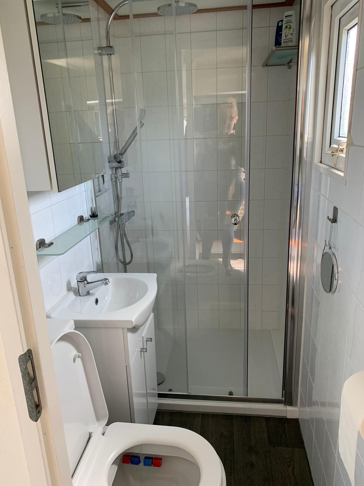 A compact bathroom with a glass-enclosed shower, a white sink, and a toilet.