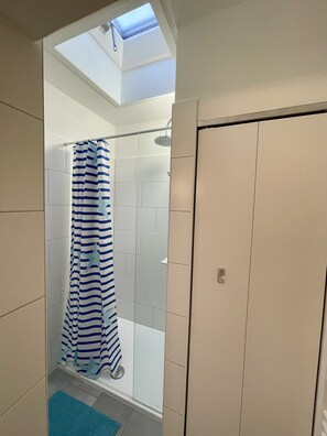 Chuveiro, secador de cabelo, toalhas de banho, sabonete