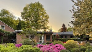 Un quartier résidentiel avec des maisons en briques, des jardins luxuriants et des plantes en fleurs.