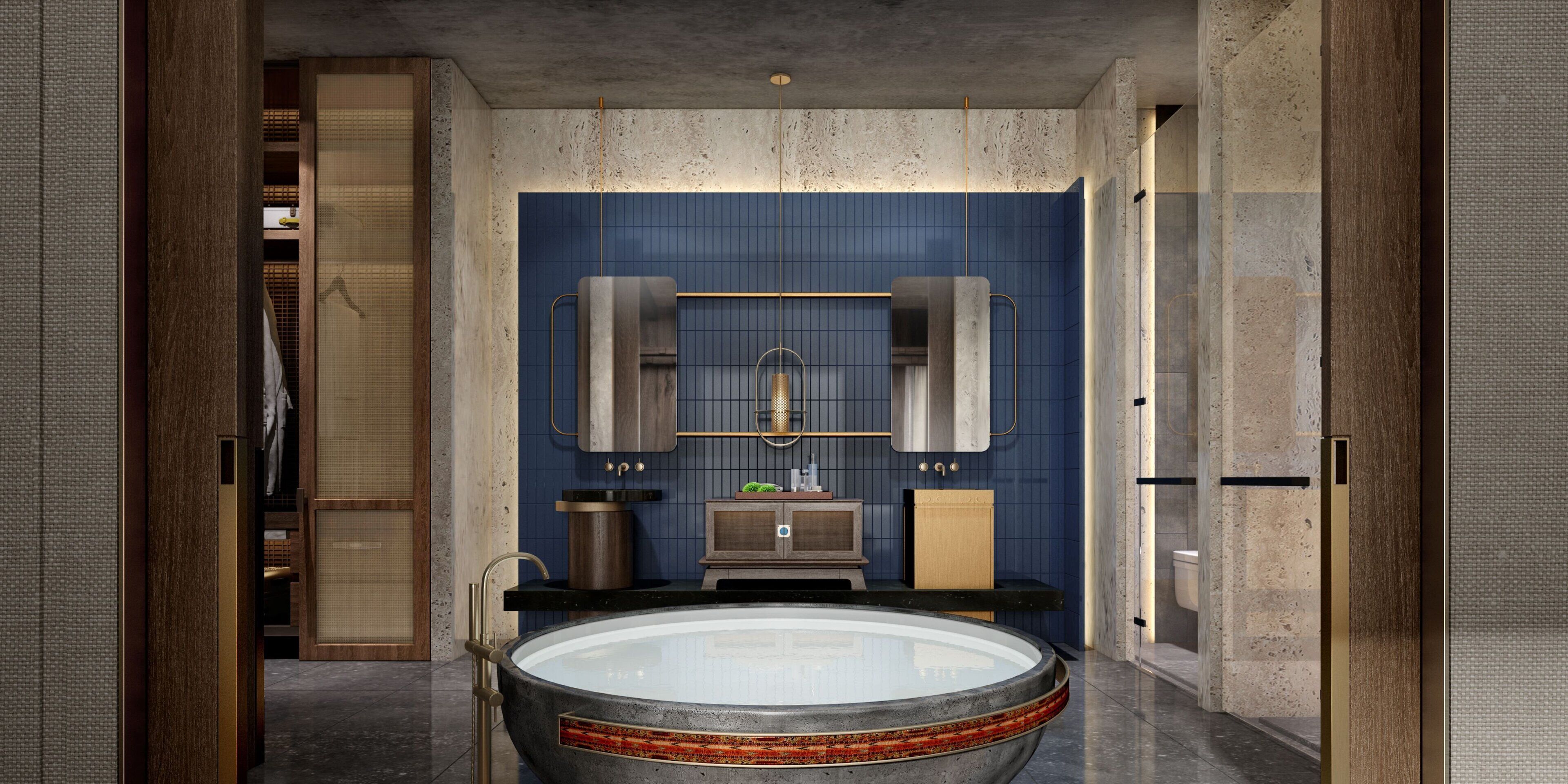 A modern bathroom with a large bathtub, a sink, and a mirror.