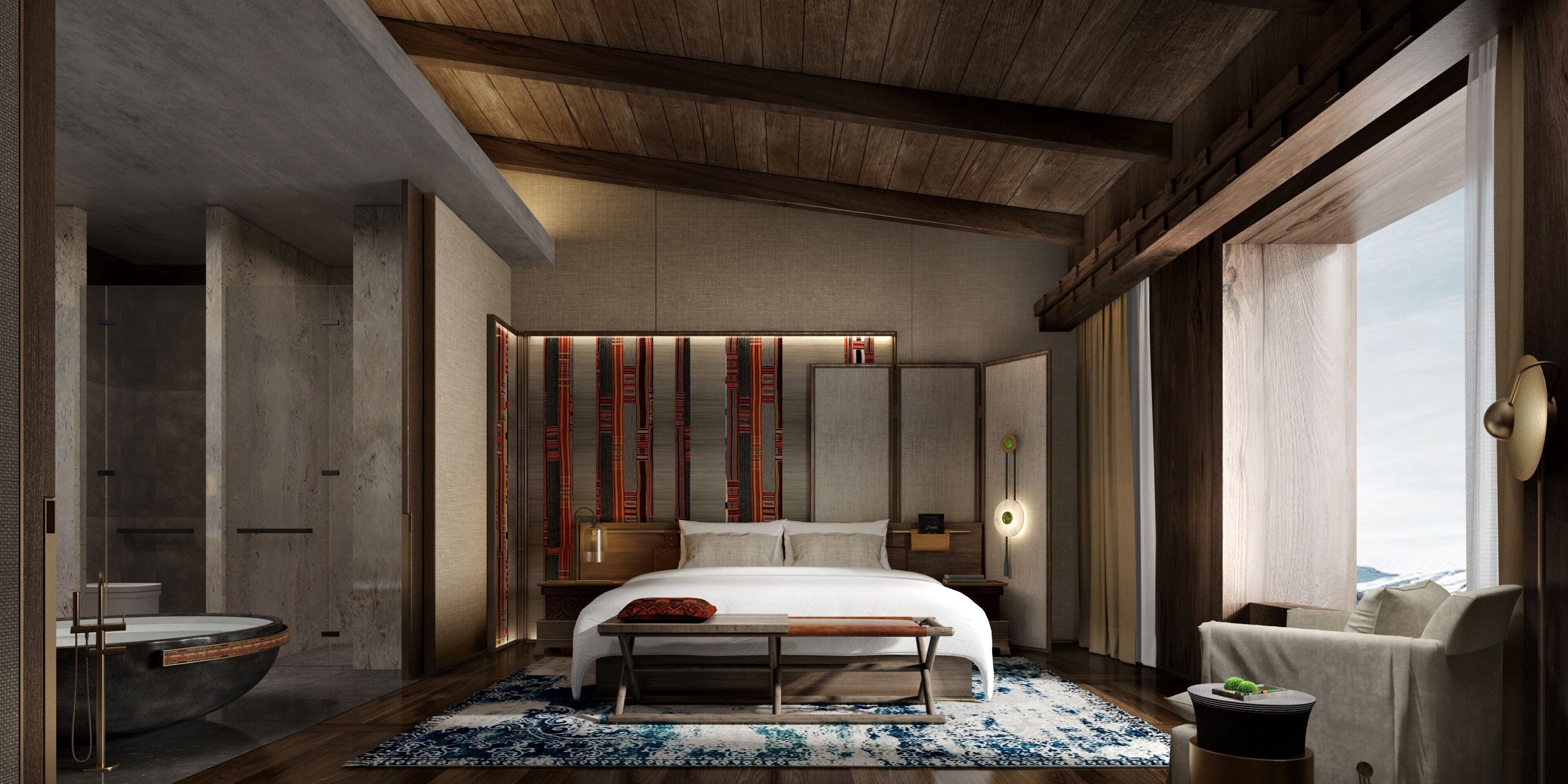 A modern bedroom with a large bed, a bedside table, a nightstand, a wall-mounted shelf, and a view of the outdoors.