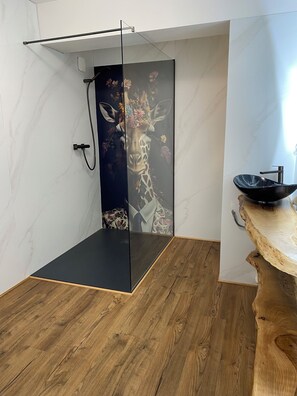 Combined shower/tub, hair dryer, towels