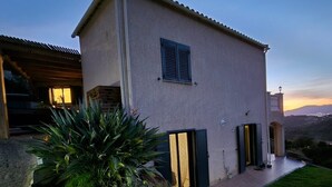 Una casa moderna de dos pisos con techo de tejas, un pequeño jardín con un cactus y un camino de entrada pavimentado.