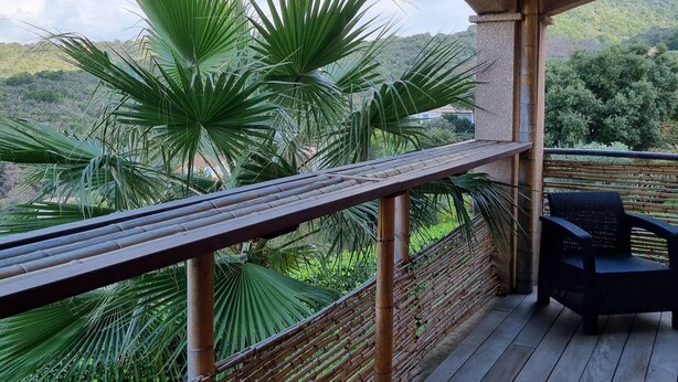 Un balcón con baranda de madera que da a un paisaje exuberante con palmeras y vistas a una zona montañosa.
