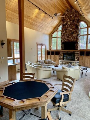 TV, fireplace, books