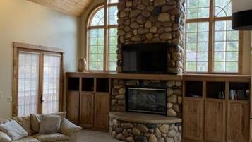 Télévision, cheminée, livres