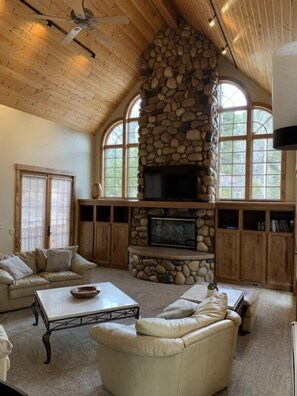 TV, fireplace, books