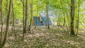 Une zone boisée avec une petite construction en bois et un abri en métal bleu.