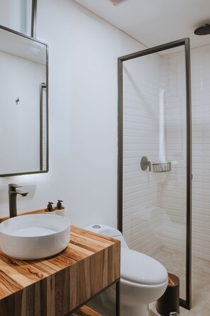 Douche, douche à « effet pluie », sèche-cheveux, serviettes fournies