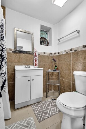 Shower, towels, toilet paper