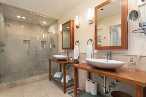 Combined shower/bathtub, hair dryer, toilet paper - High End Oceanfront Home, a 2 min walk to Beach, Shops, Dining & More in Solana (Solana Beach)