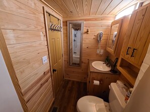 Combined shower/bathtub, jetted bath, hair dryer, towels