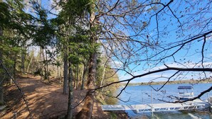 Uma área arborizada com uma trilha de terra que leva a um cais sobre um lago calmo.