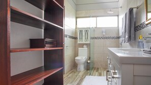 Shower, towels, soap, toilet paper