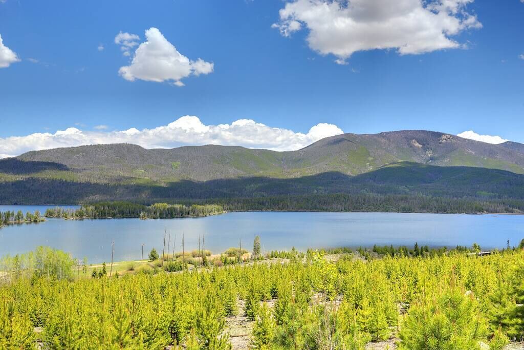 A mountainous landscape with a lake and a forested area in the foreground.