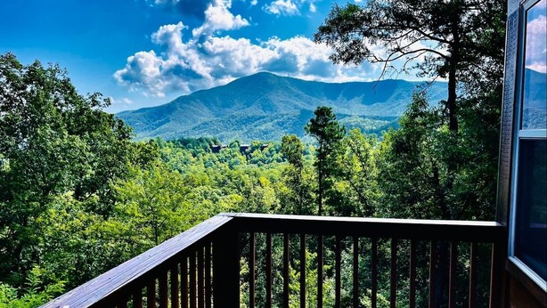A wooden deck with a view of a mountain and dense forest.
