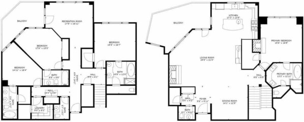 Deux plans d’étage d’un immeuble comprenant plusieurs chambres, une cuisine, une salle à manger, un salon, une salle de bain et un balcon.