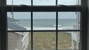 Una ventana con vista a una playa y un grifo negro al frente.