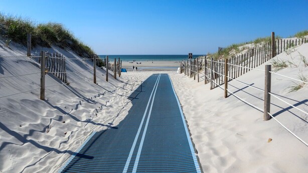 Un sendero que lleva a una playa con arena y un cielo azul despejado.