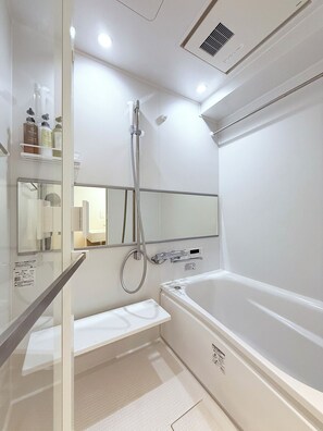 Separate bathtub and shower, free toiletries, hair dryer, slippers