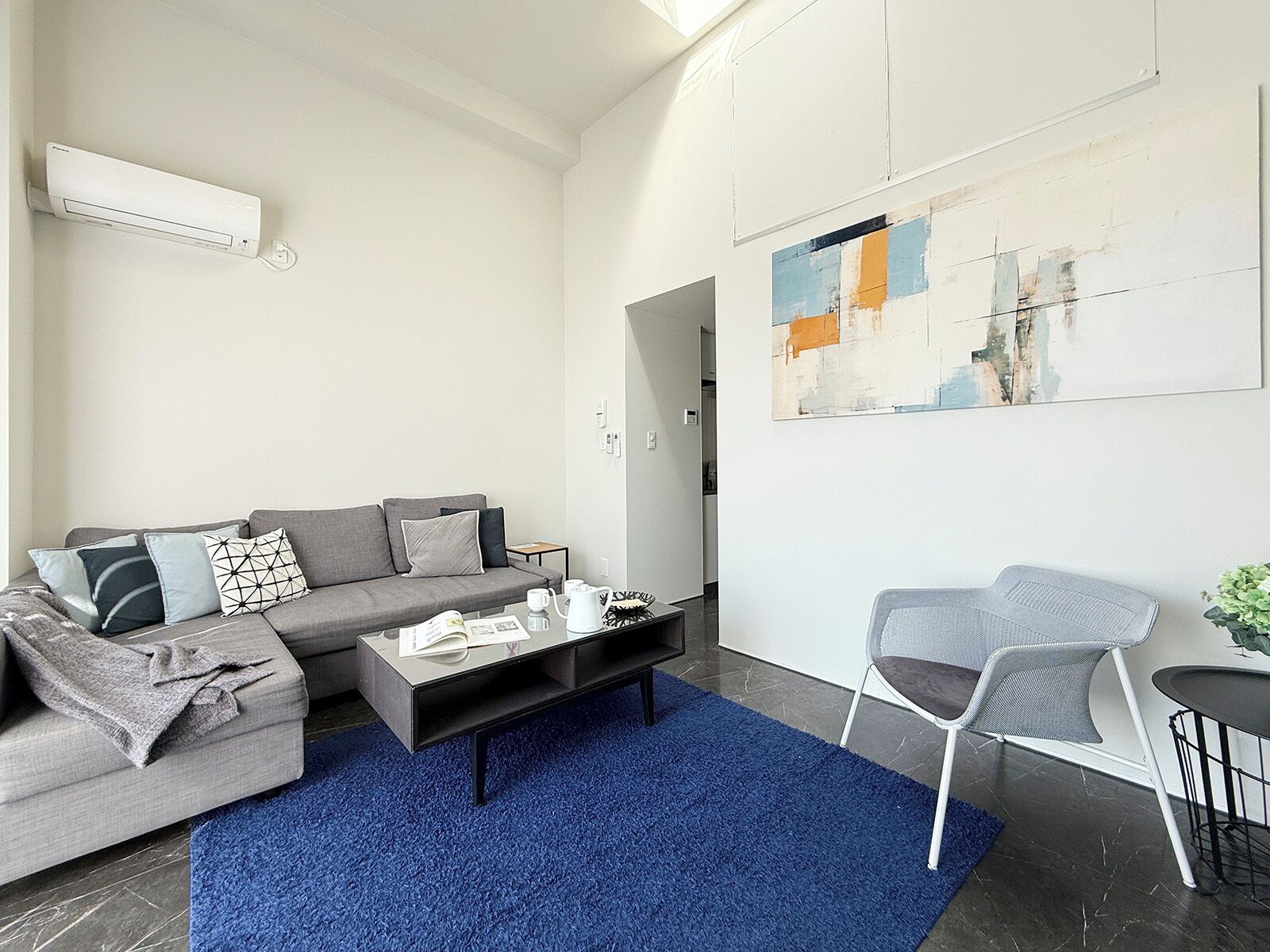 A modern living room with a grey sofa, a coffee table, and a blue rug.