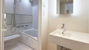 Separate tub and shower, free toiletries, hair dryer, slippers