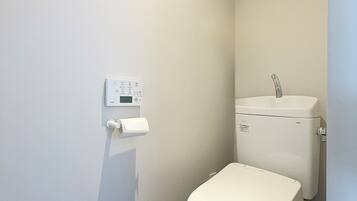 A small, modern bathroom with a toilet, a wall-mounted flush control panel, and a toilet paper holder.