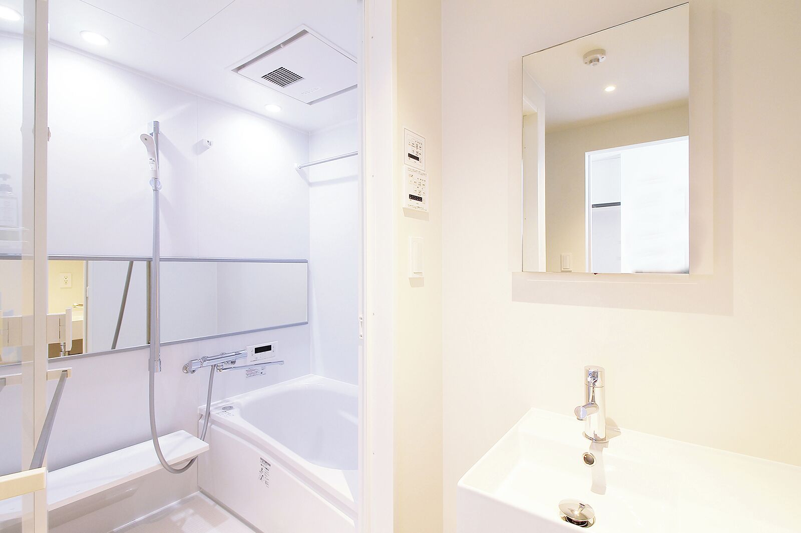 A modern bathroom with a bathtub, a shower, a sink, and a mirror.